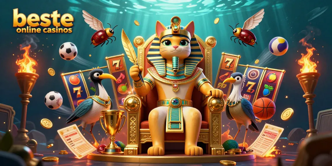 Experience the thrills of beste online casinos with a vibrant scene featuring an Egyptian pharaoh cat and gaming elements.