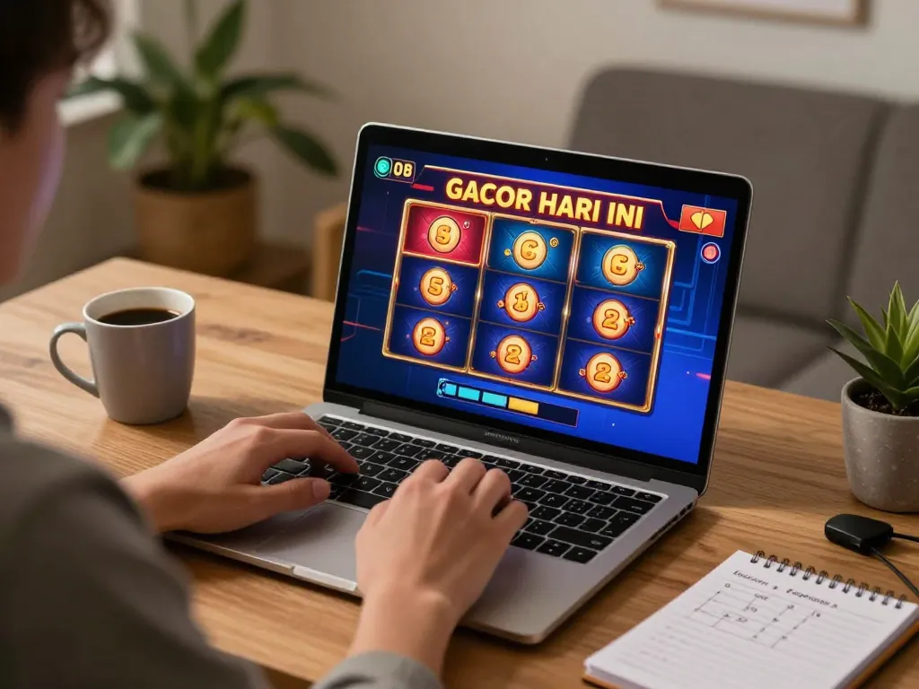 Player engaging with slot gacor hari ini game on laptop, illustrating exciting home gaming experience.