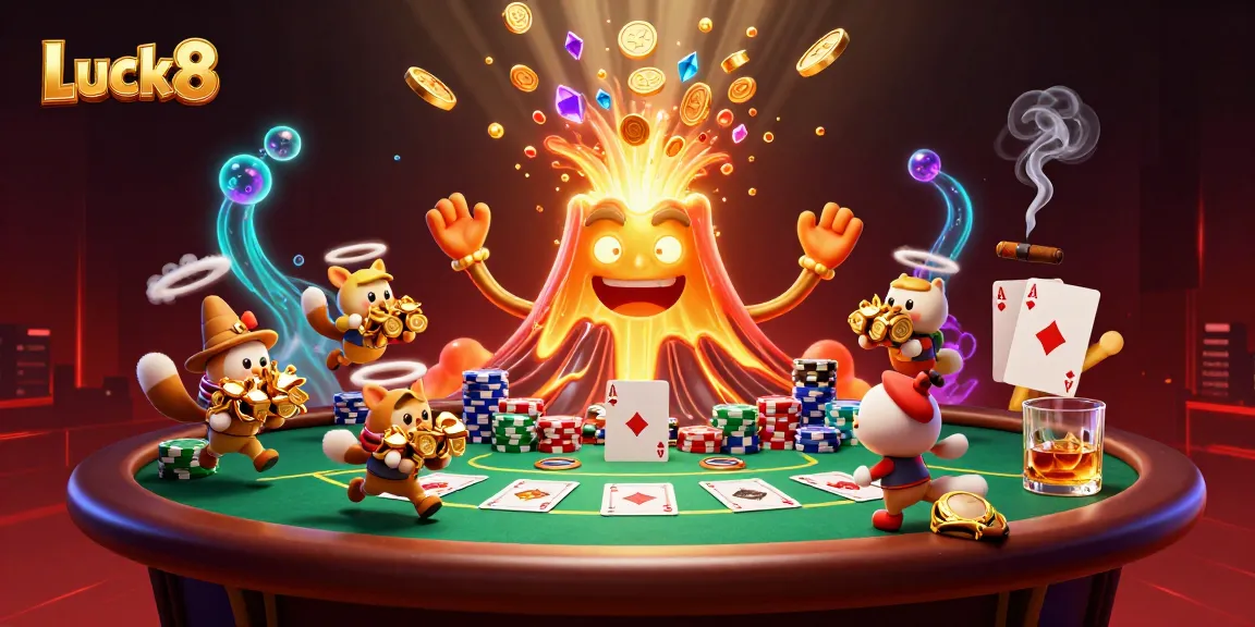 Luck8 engages players with a triumphant golden volcano, poker elements, and vibrant treasures.