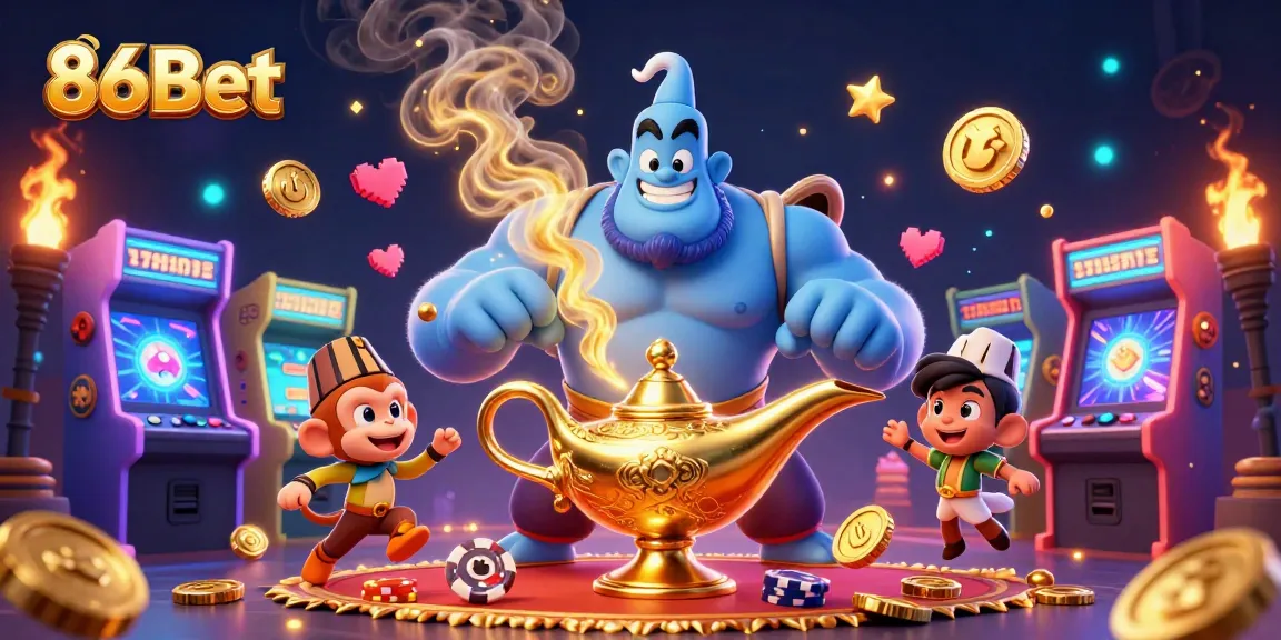 Engage with 86Bet in a vibrant 3D casino scene featuring a genie and gaming elements.
