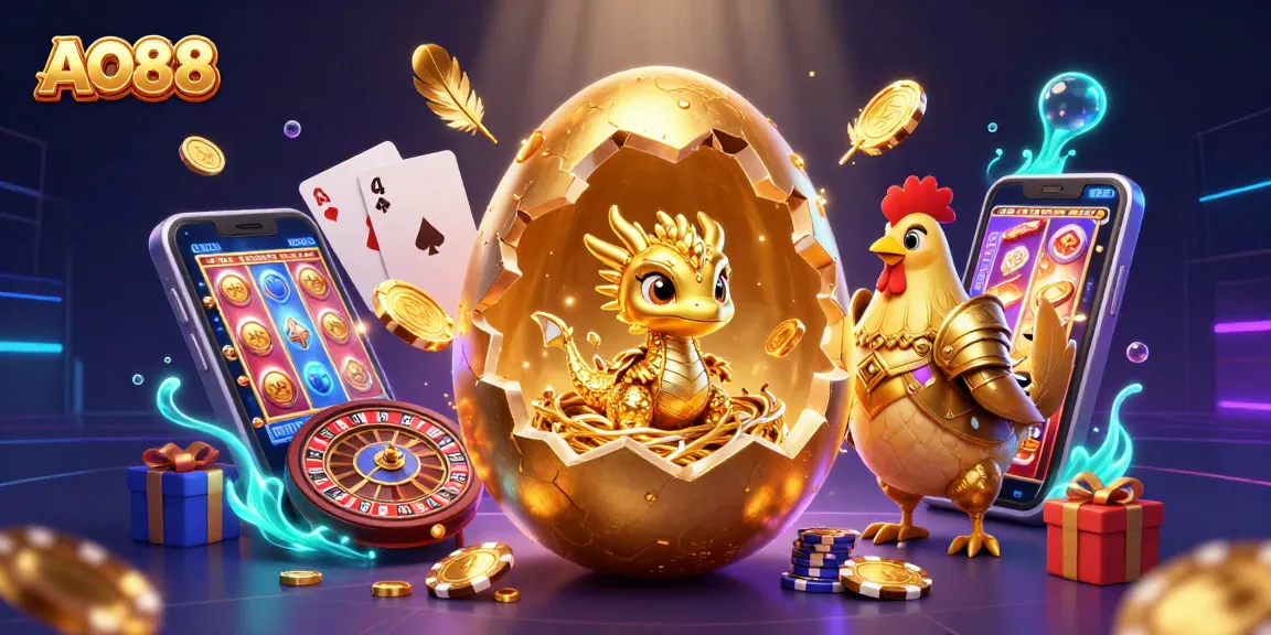 Experience thrilling gaming with AO88 as a golden dragon emerges in a casino setting.
