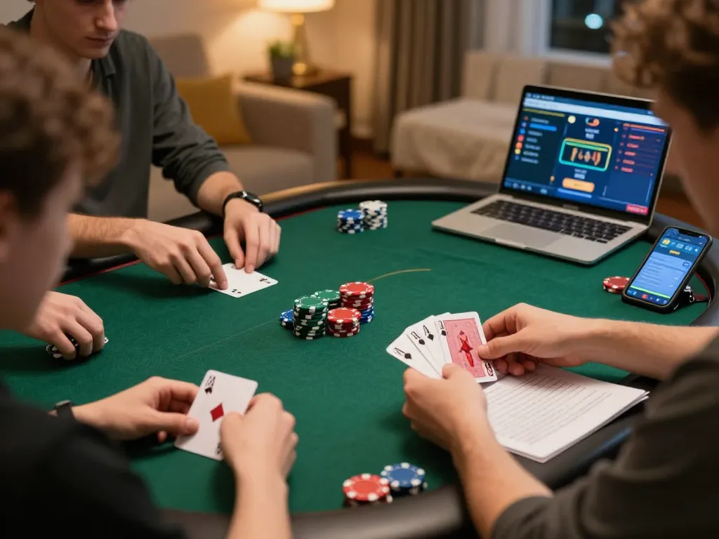 FAFA828 players enjoying an online poker game from home, showcasing strategy notes and engaging gameplay.