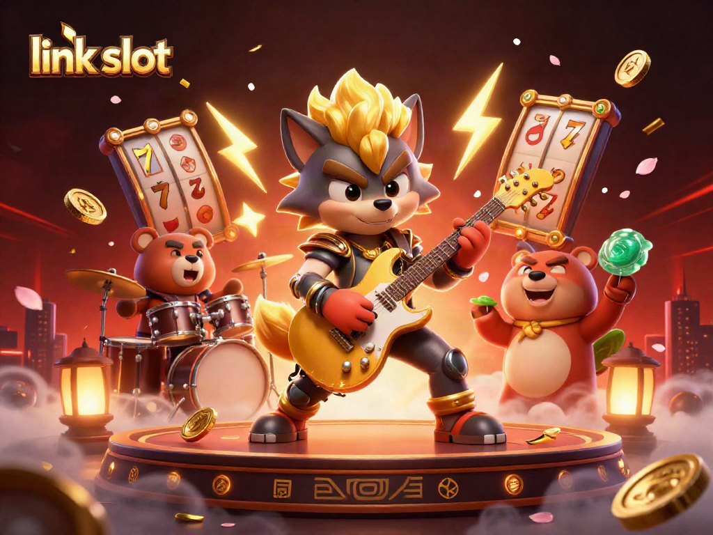 Experience the thrill of link slot gaming with a vibrant, detailed casino scene featuring playful rock star characters and exhilarating elements.