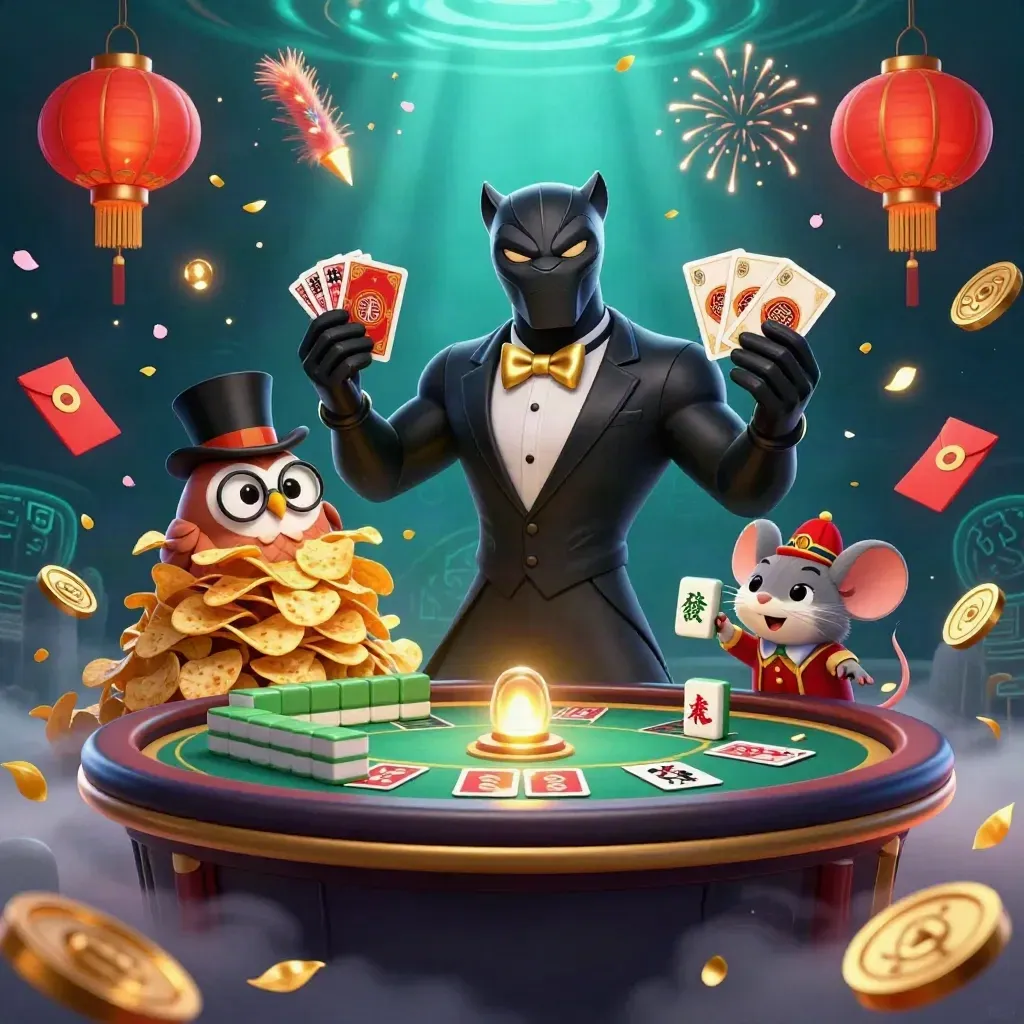 Panther, owl, and mouse in a glowing casino fantasy with gold light and underwater rays.