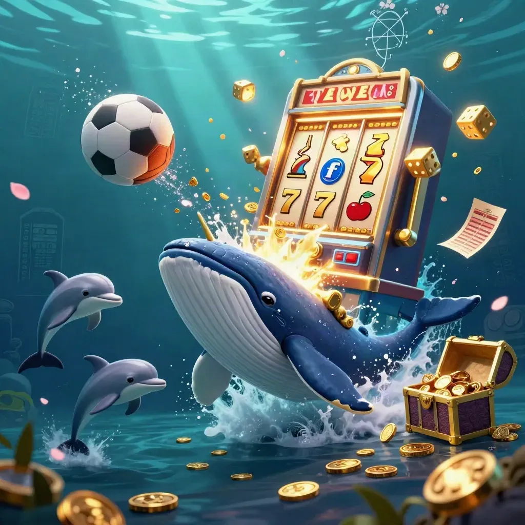 Captain whale, narwhal, dolphins and casino icons exploding through gold coins underwater.