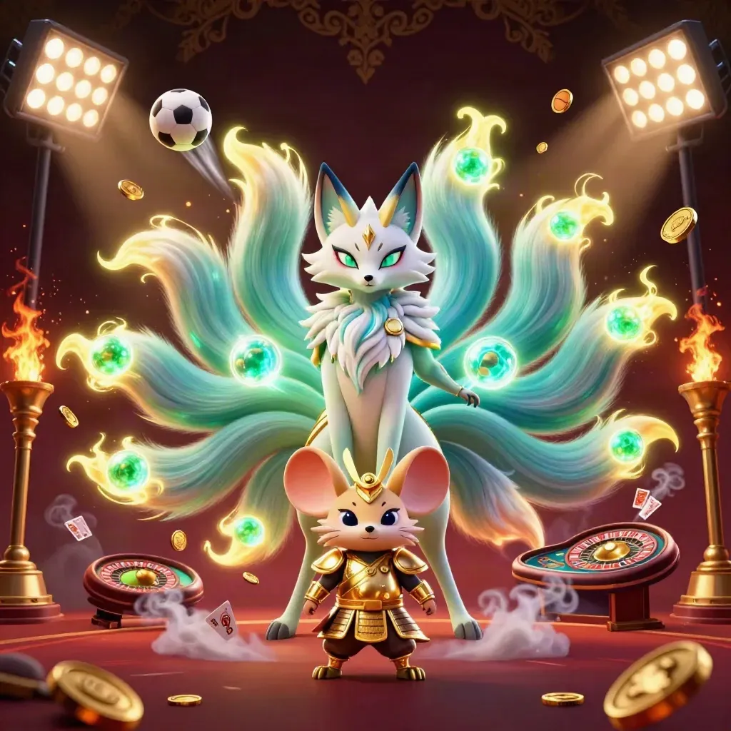 Fox spirit and samurai mouse amid casino magic, coins, sports balls, roulette, and golden light.