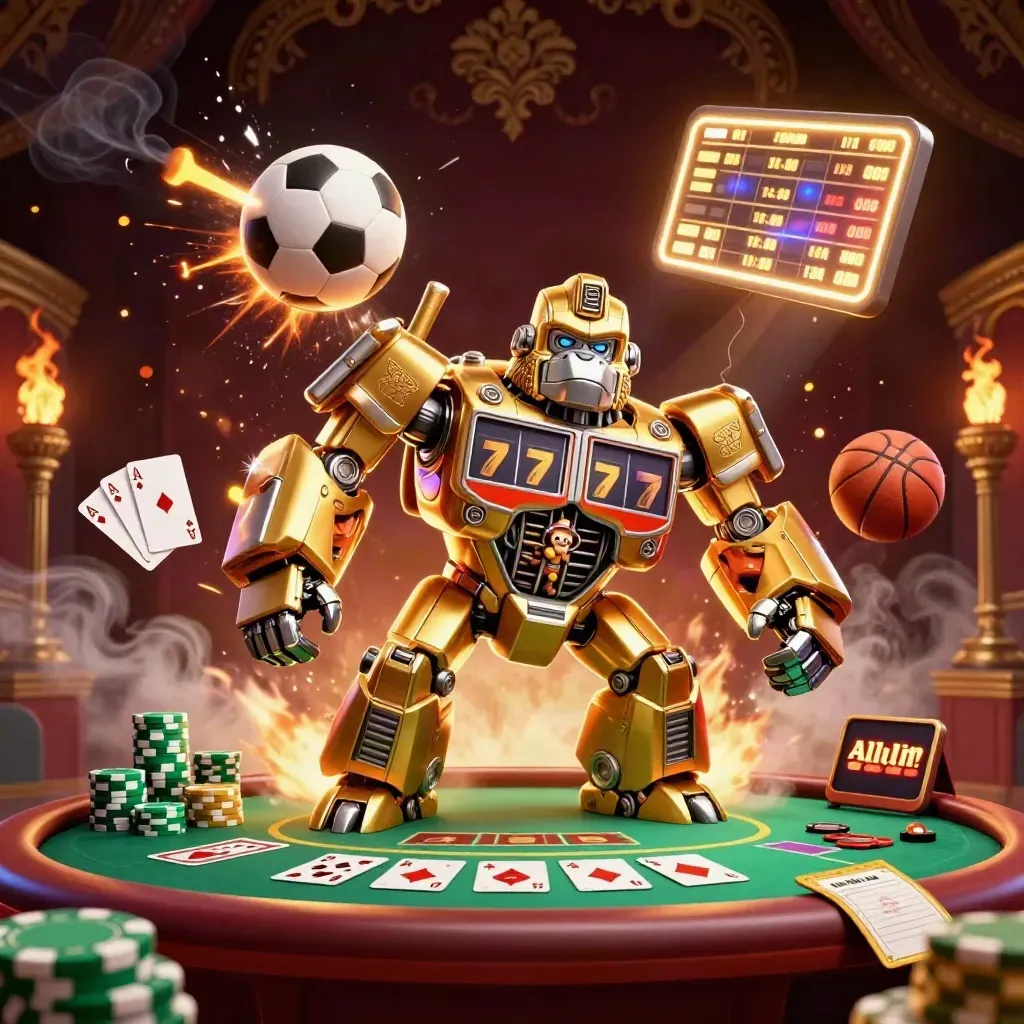 Golden gorilla mech, monkey pilot, casino chips and sports ball impact in luxe lighting.