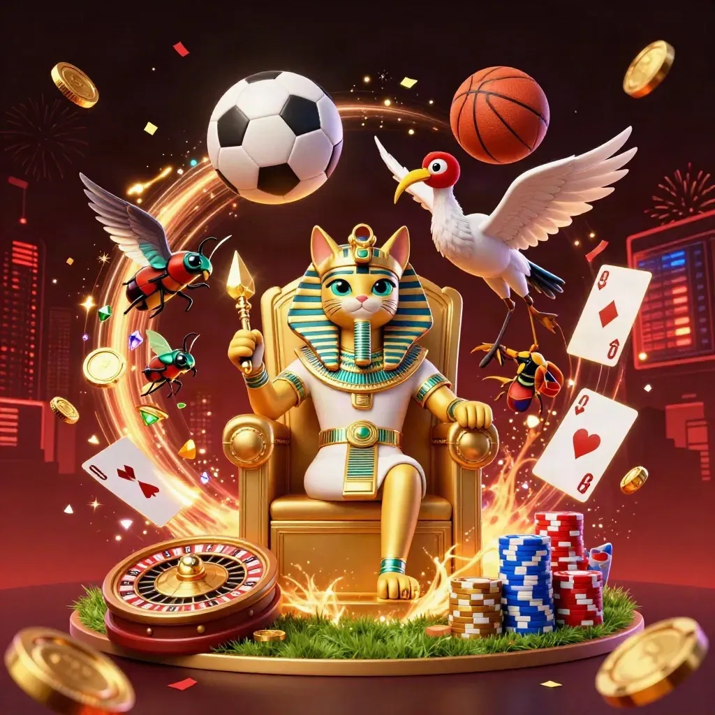 Pharaoh cat, ibis, and scarabs amid flying sports balls, coins, chips, and casino lights.