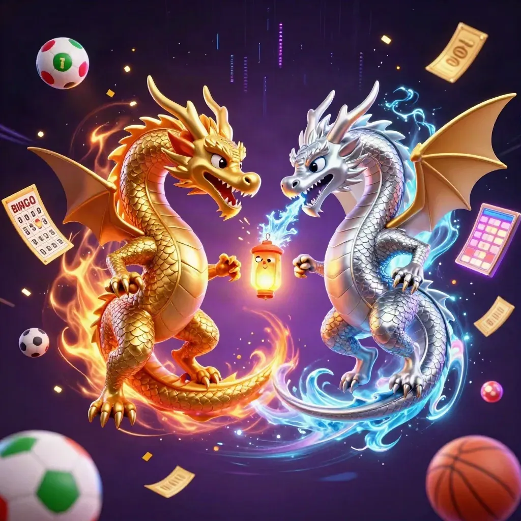 Gold and silver dragons clash in a neon casino spellstorm with lottery balls and game icons