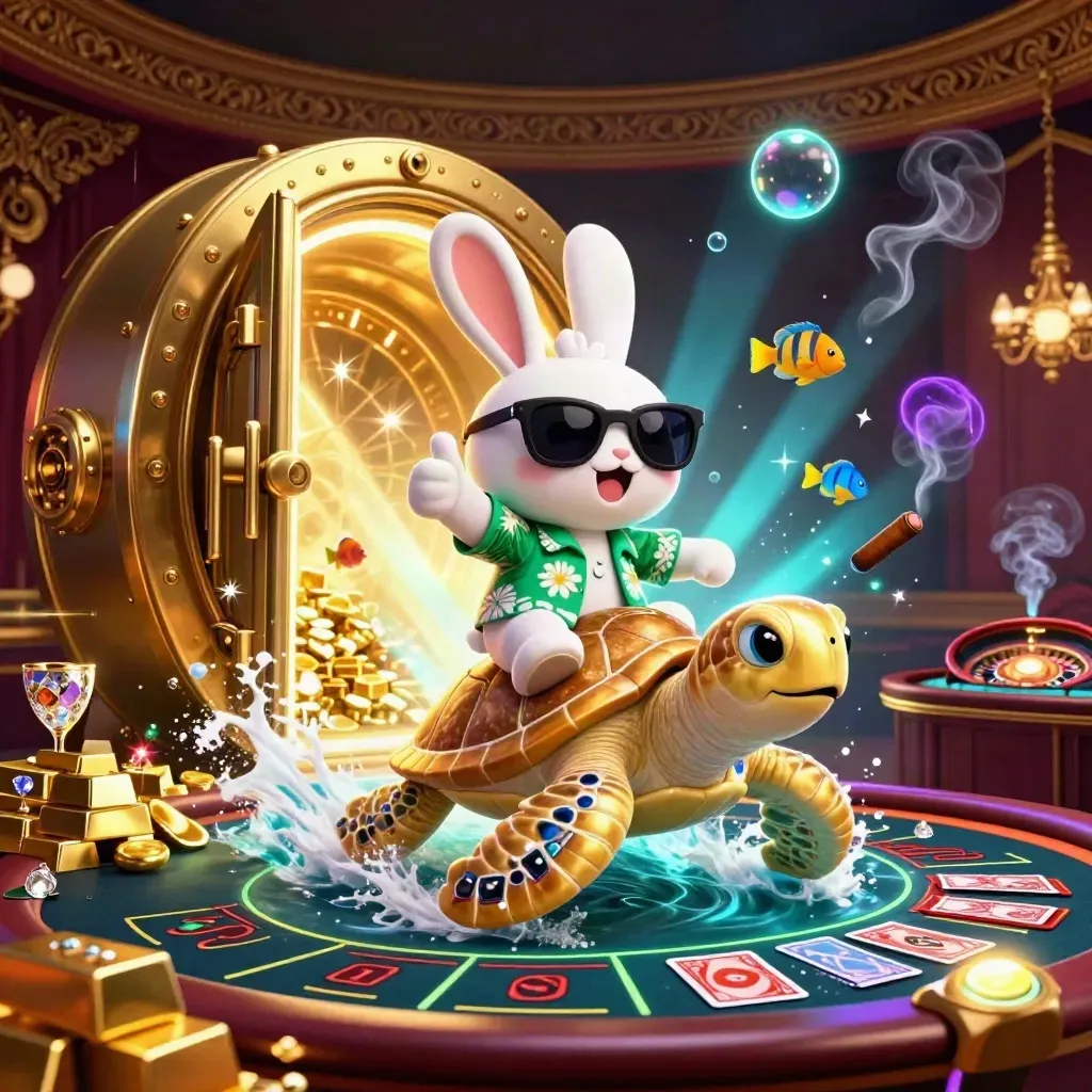 Lucky rabbit on a gold sea turtle amid casino loot, vault light, roulette and cards