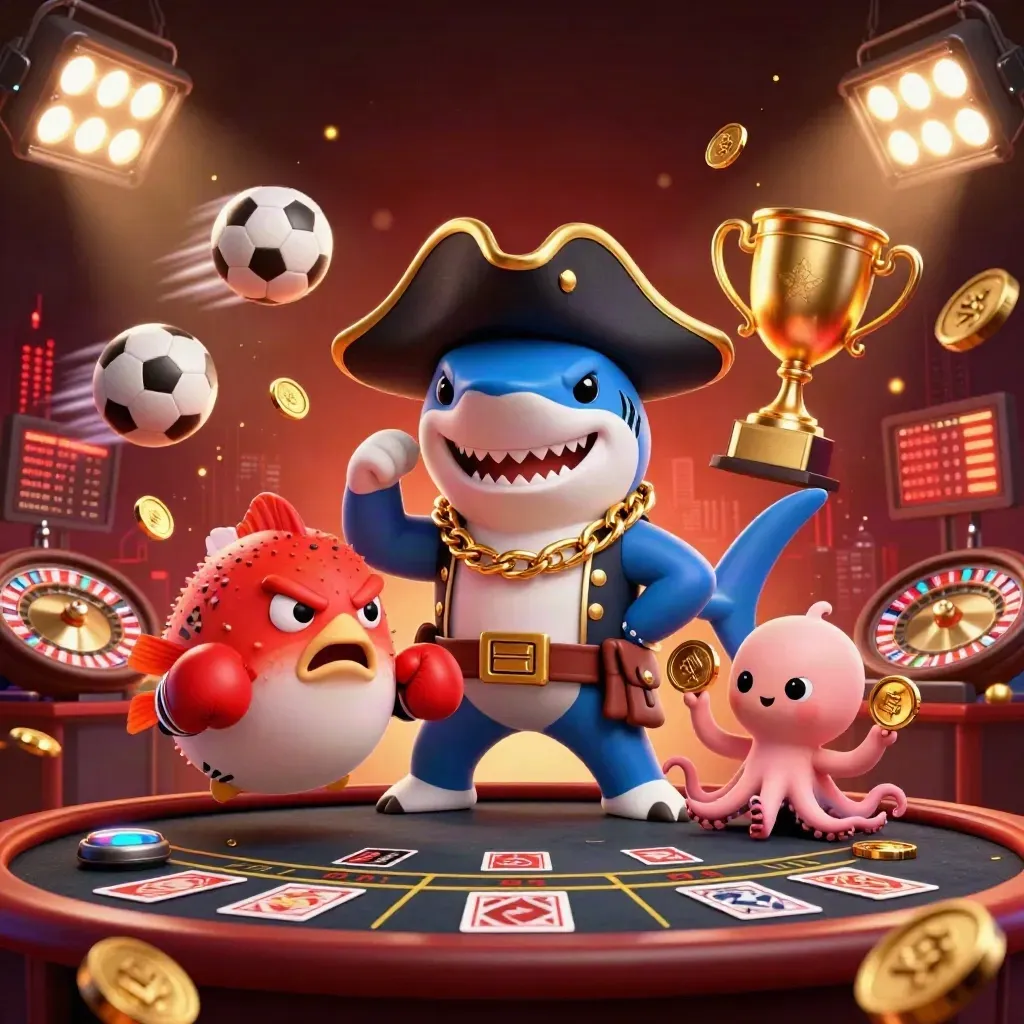 Pirate shark, boxing pufferfish, and juggling octopus in a luxe casino scene with coins and lights.