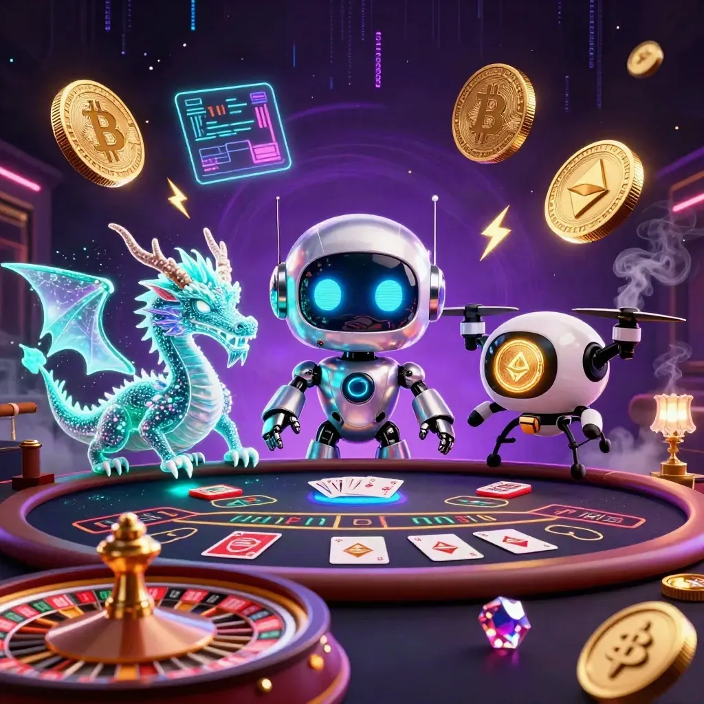 Cyberpunk robot, holographic dragon, and drone amid casino glow, coins, and energy bolts.