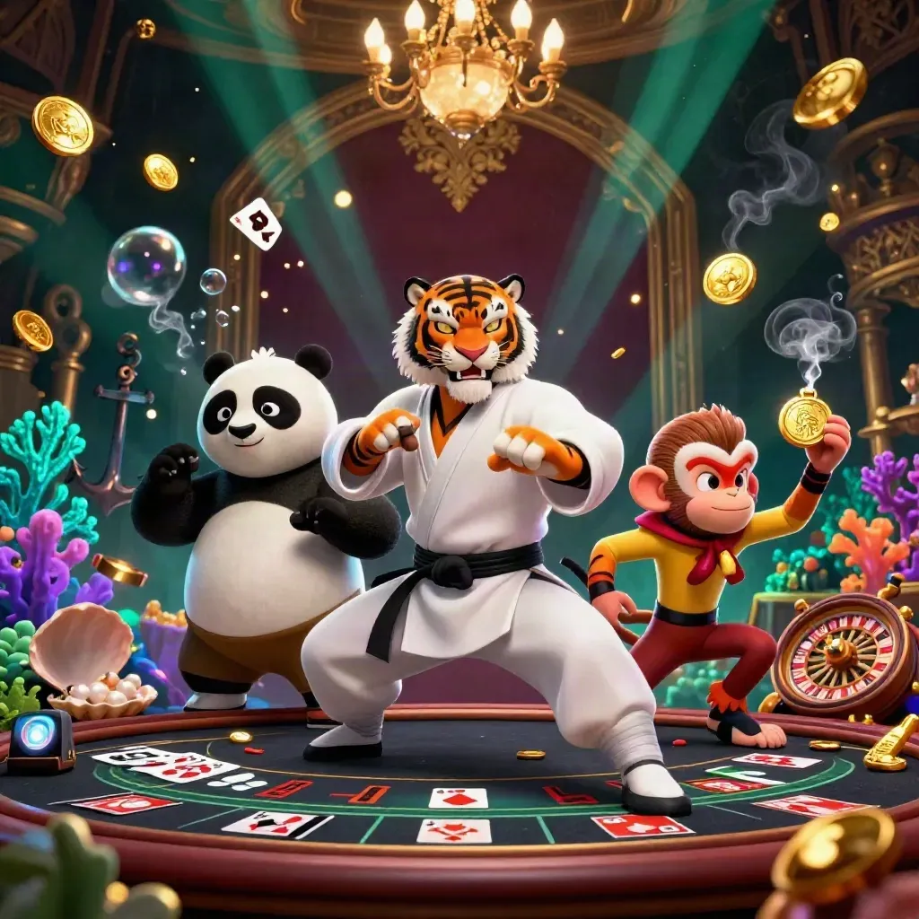 Tiger, panda, and monkey in a luxe casino-treasure scene with glowing underwater effects