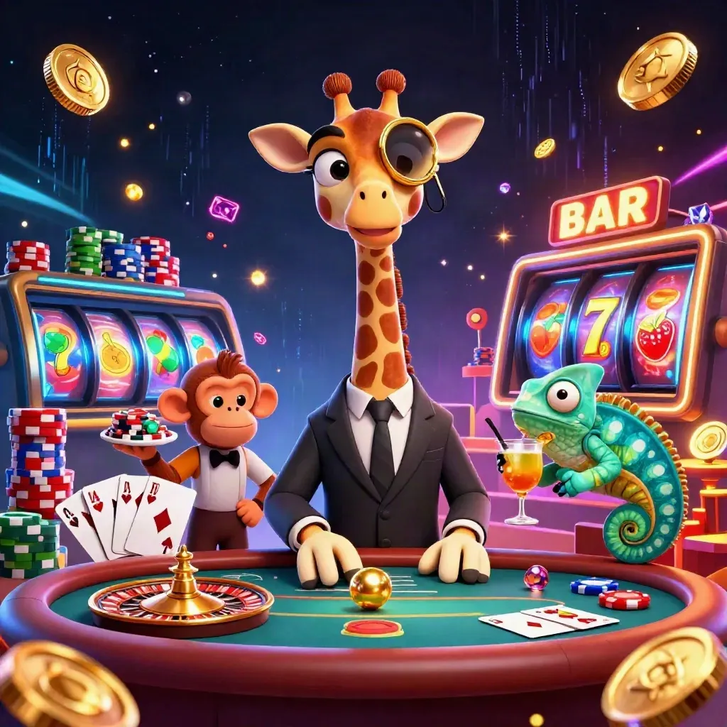 3D giraffe, monkey, and chameleon at a luxe poker table with coins, gems, chips, and a spinning roulette wheel