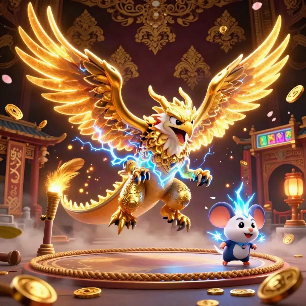 Thunder dragon, wind hawk, and static mouse burst through a gold-damask casino fantasy scene.