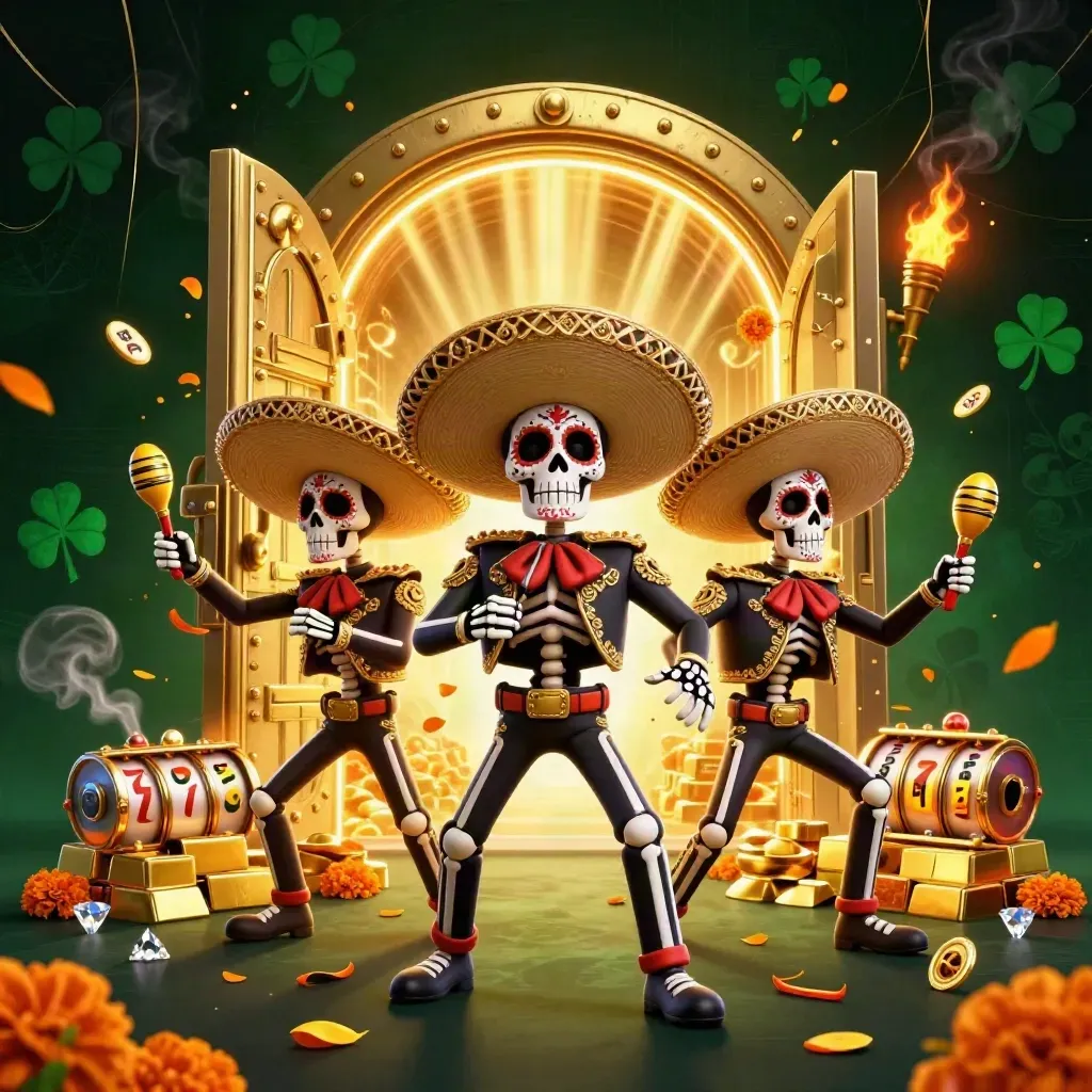 Skeleton mariachi trio bursts from a glowing gold vault amid gems and marigolds