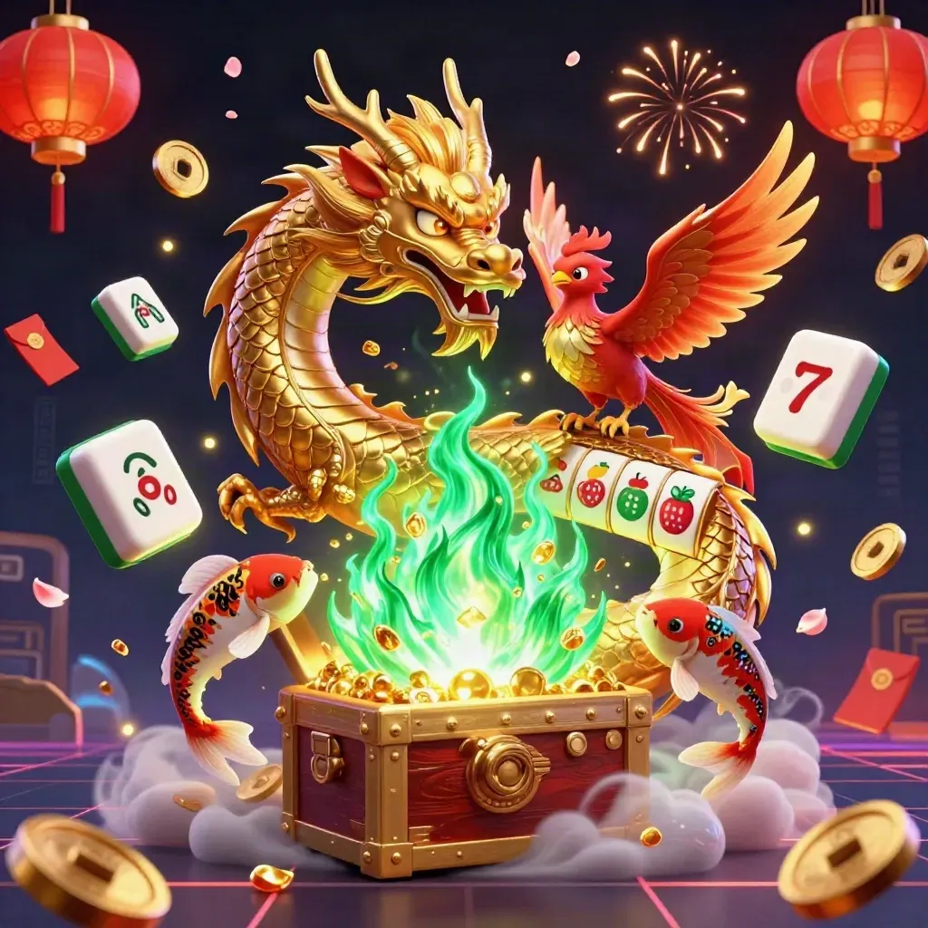 Golden dragon, phoenix and koi burst from a treasure chest amid casino charms and neon lights.