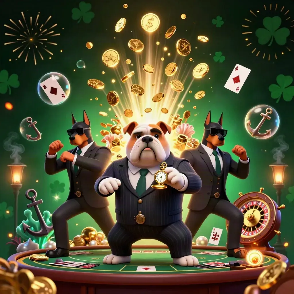 Bulldog boss and two Dobermans amid coins, coral, cards, roulette, and treasure bursts.