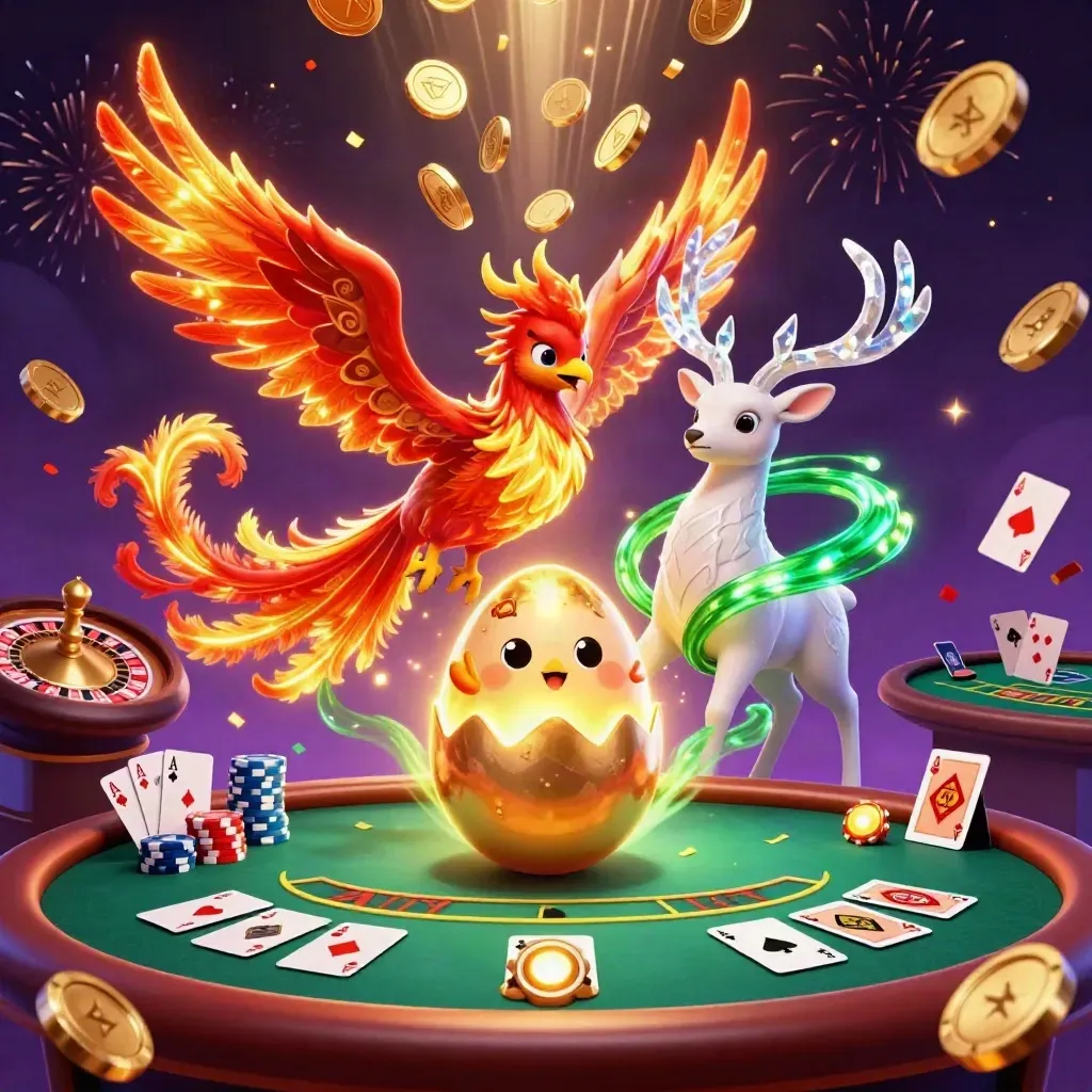 Phoenix, hatchling, and crystal stag amid casino chips, cards, treasure, and fireworks