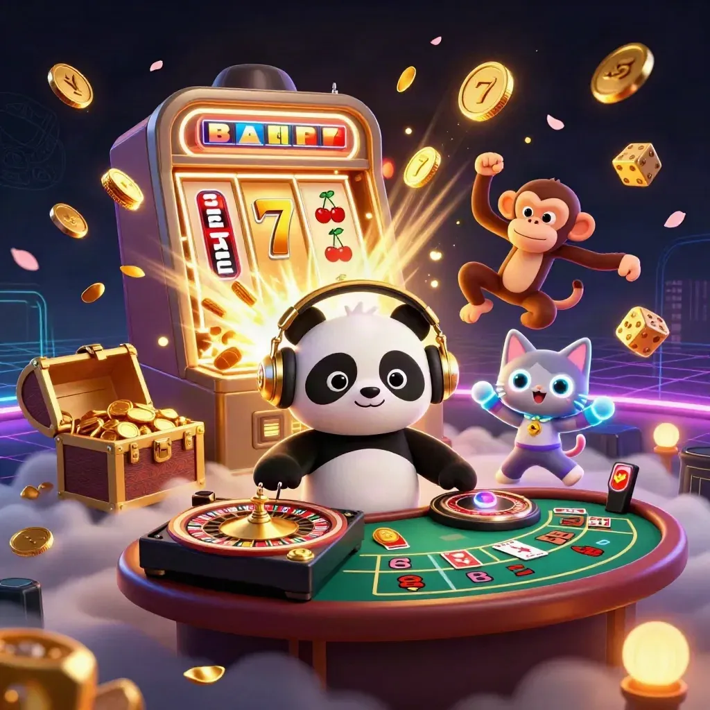 3D casino heroes dancing around a bursting slot machine, coins, fireworks, and neon glow