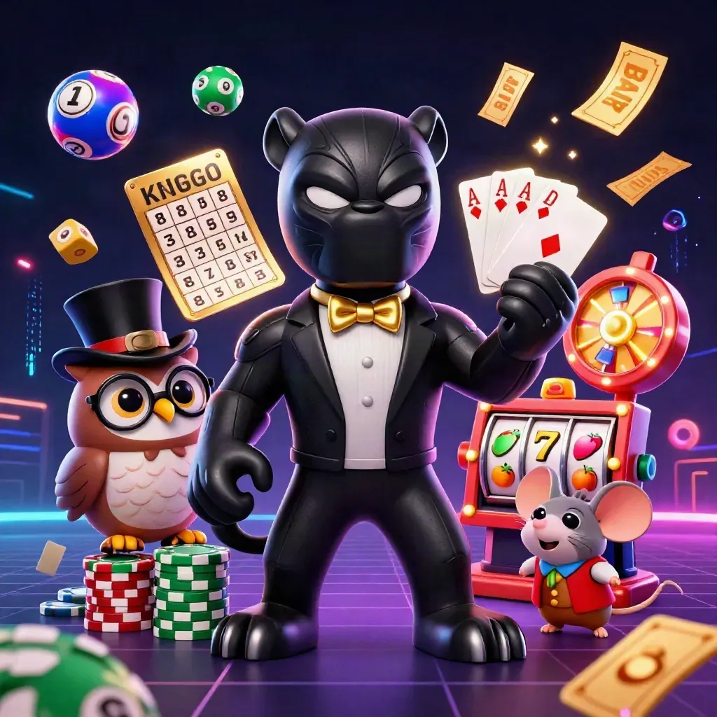 Tuxedo panther, owl, and mouse amid neon casino loot, lottery balls, reels, and gold chips.