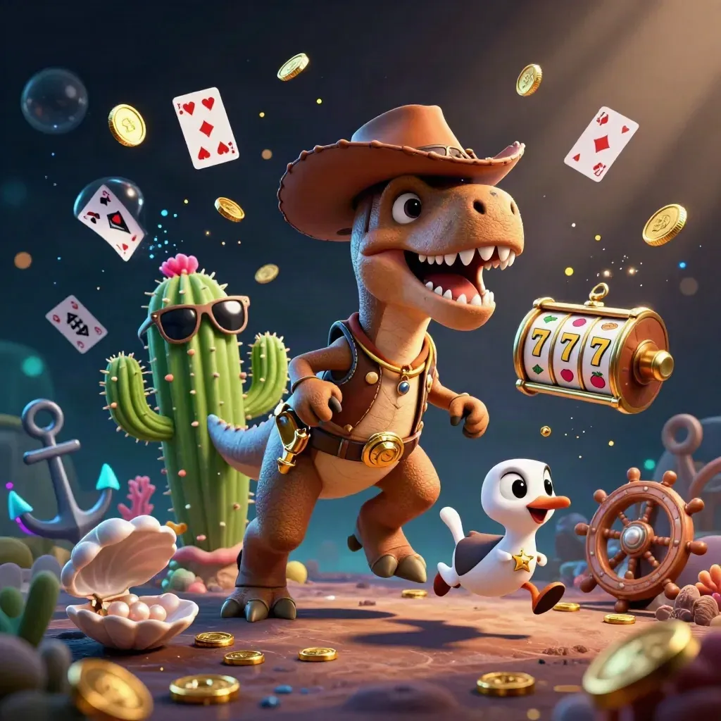 Cowboy T-Rex, cactus sidekick, and badge-wearing roadrunner amid treasure cove casino effects.