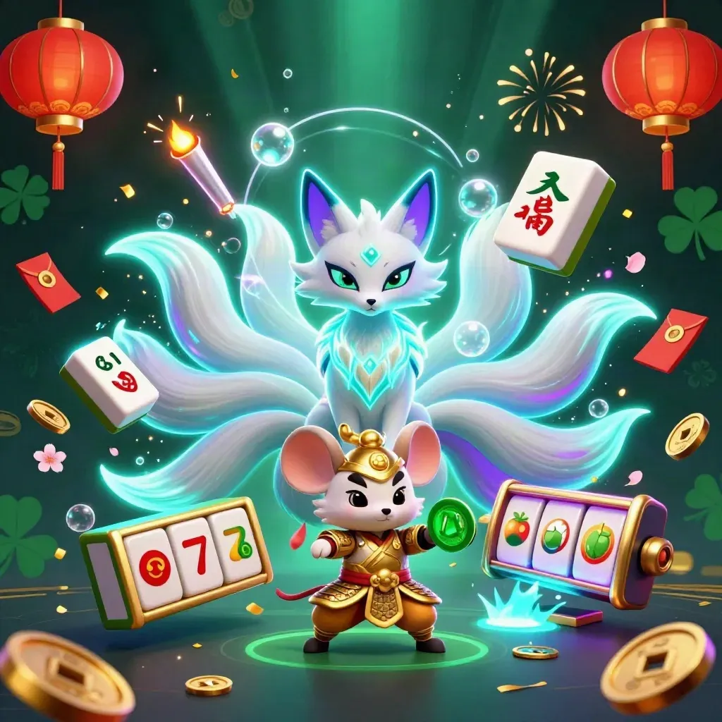 Neon nine-tailed fox spirit and golden samurai mouse amid casino charms, coins, and fireworks