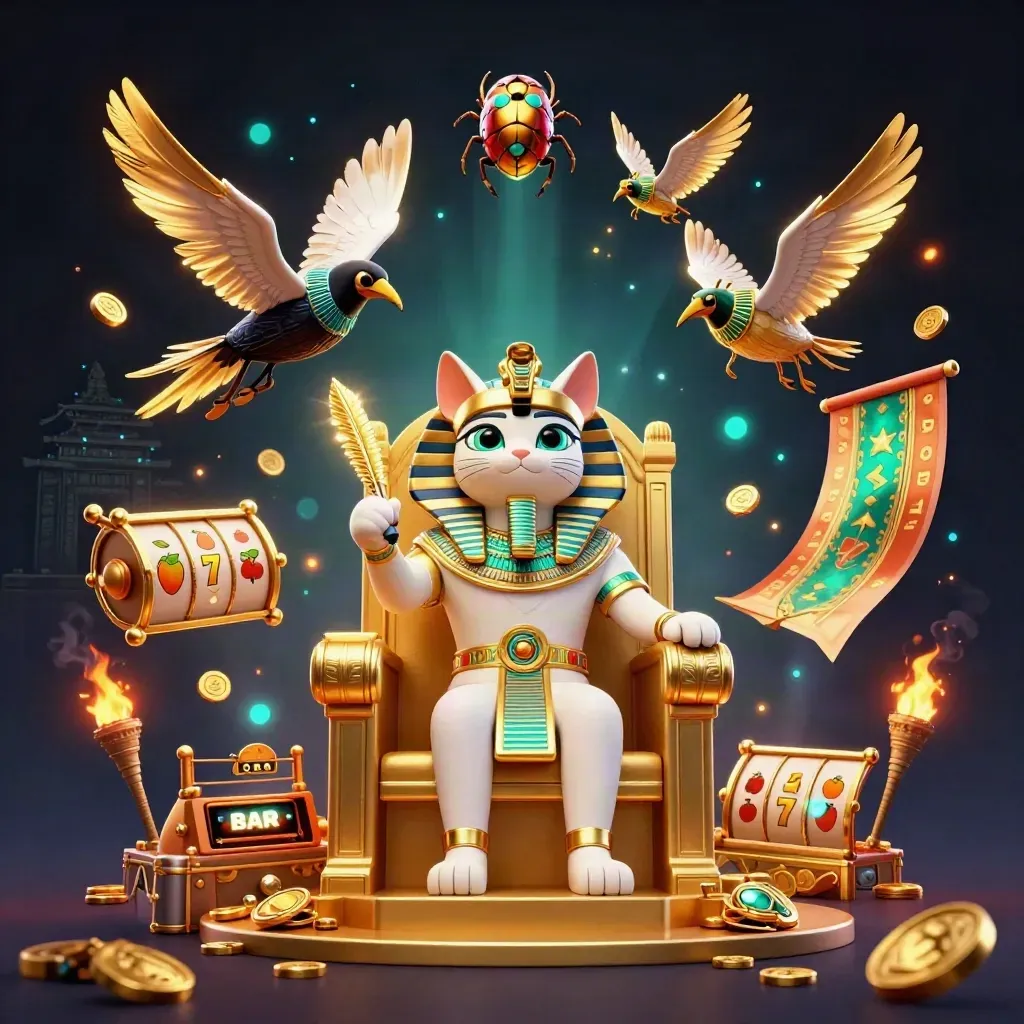 Pharaoh cat on golden throne with ibis scribe, scarabs, coins, reels, and casino glow
