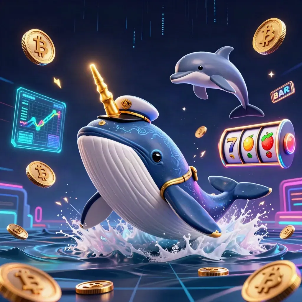 Whale captain, narwhal, and dolphins amid glowing casino coins and neon game effects.