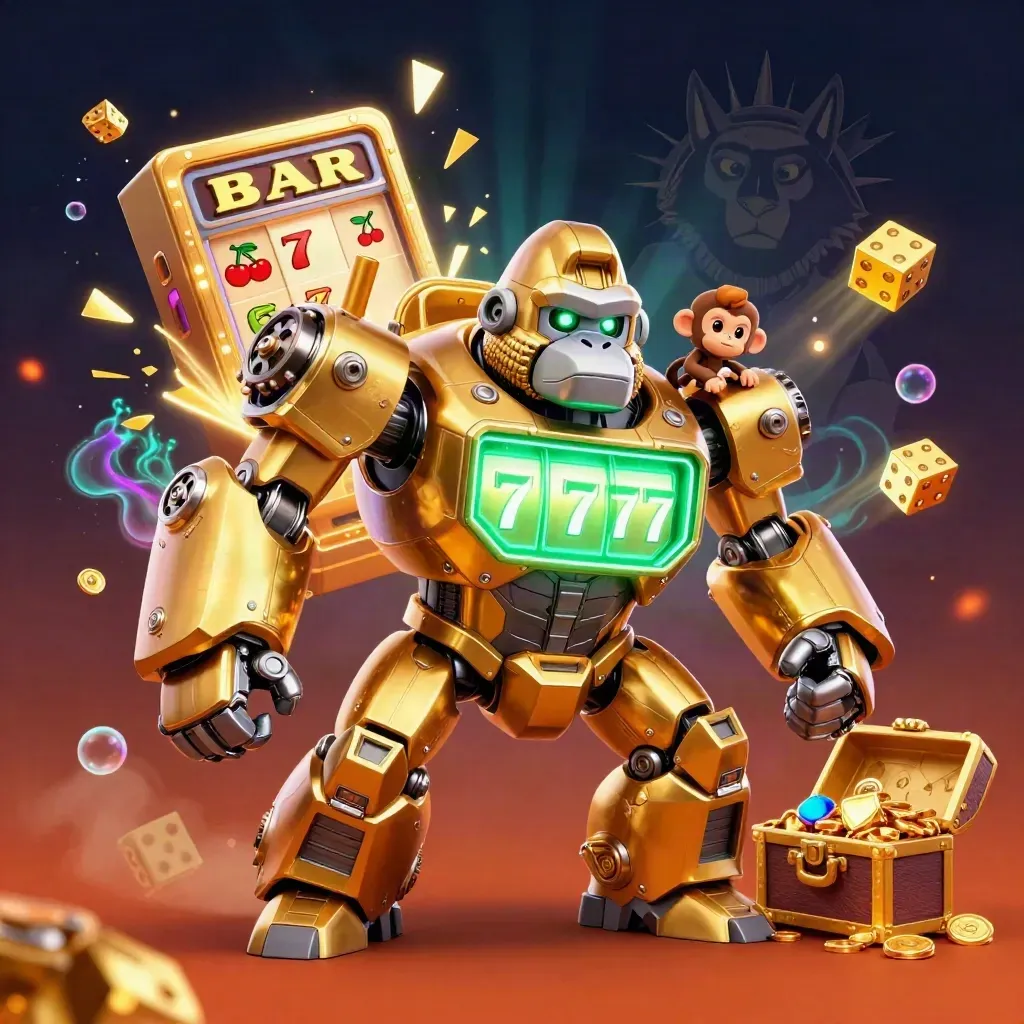 Golden gorilla slot mech with monkey pilot, jackpots, dice, and glowing casino effects