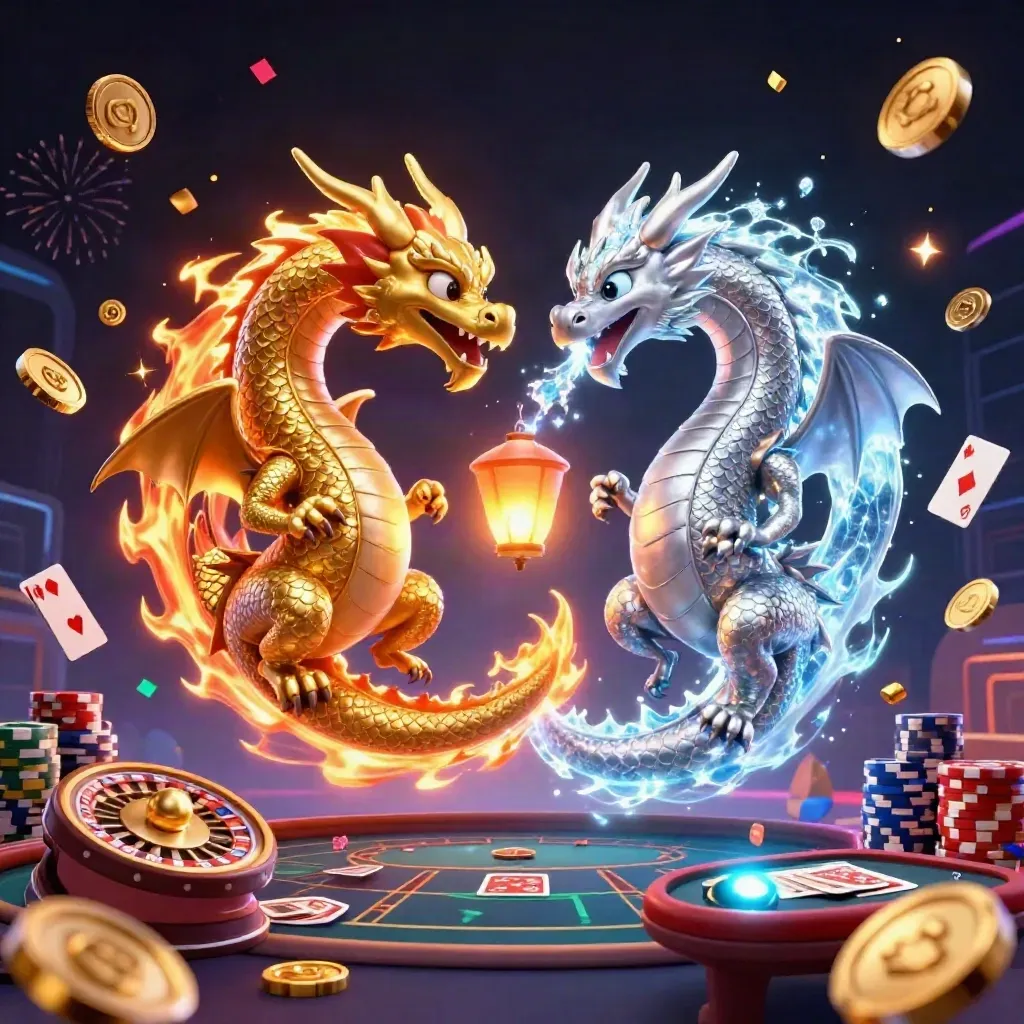 Gold and silver dragons in yin-yang flight with coins, chips, roulette wheel, and casino glow