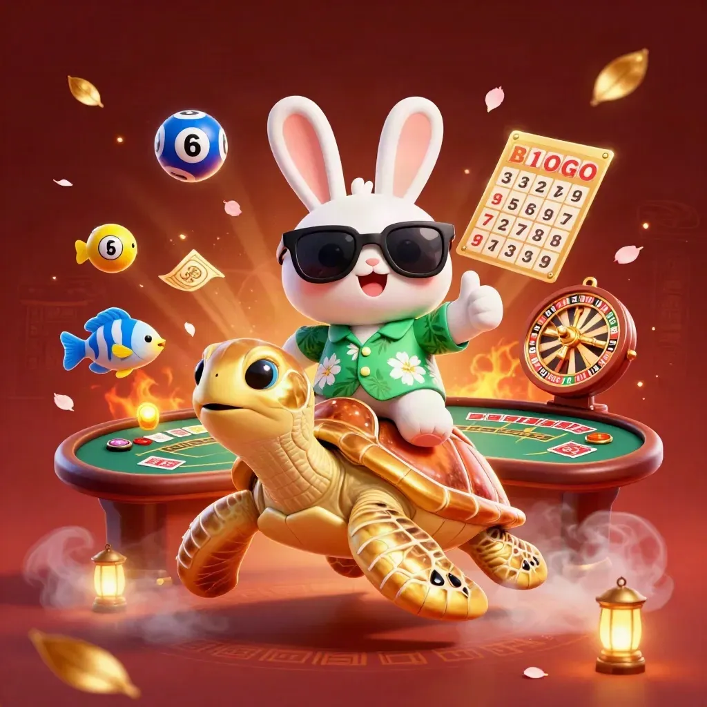 Lucky rabbit rides a gold turtle amid casino rewards, glowing embers, and spinning game symbols.