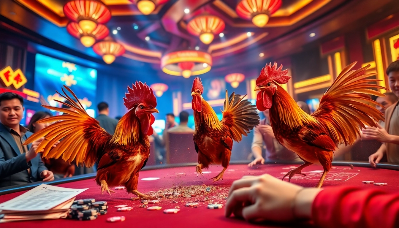 Engaging scene of Đá Gà Thomo bets being placed in a lively casino, showcasing excitement and competition.