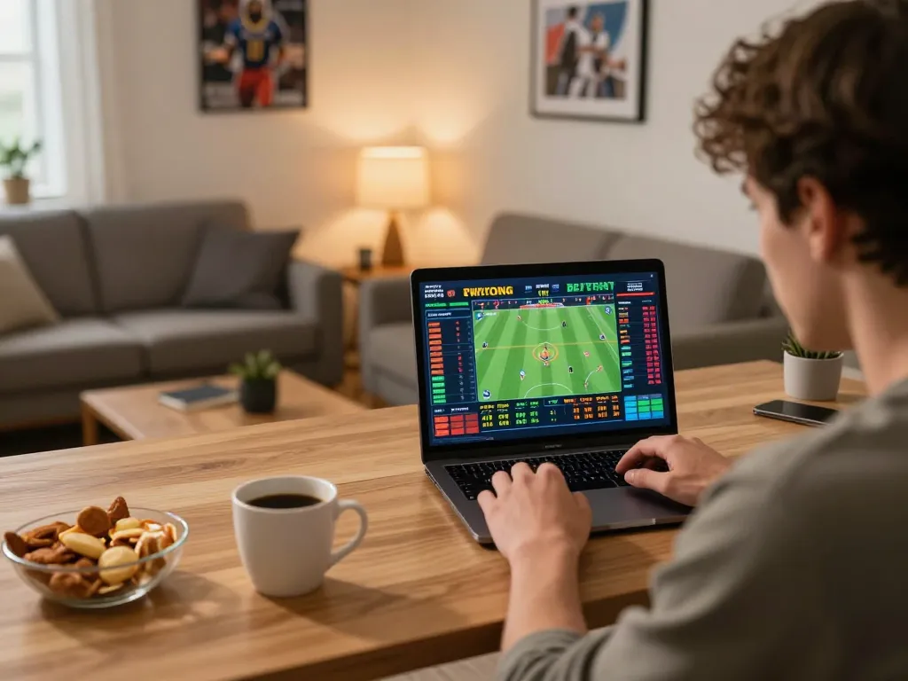 Engaging sports betting moment with may88 player analyzing odds and stats on laptop