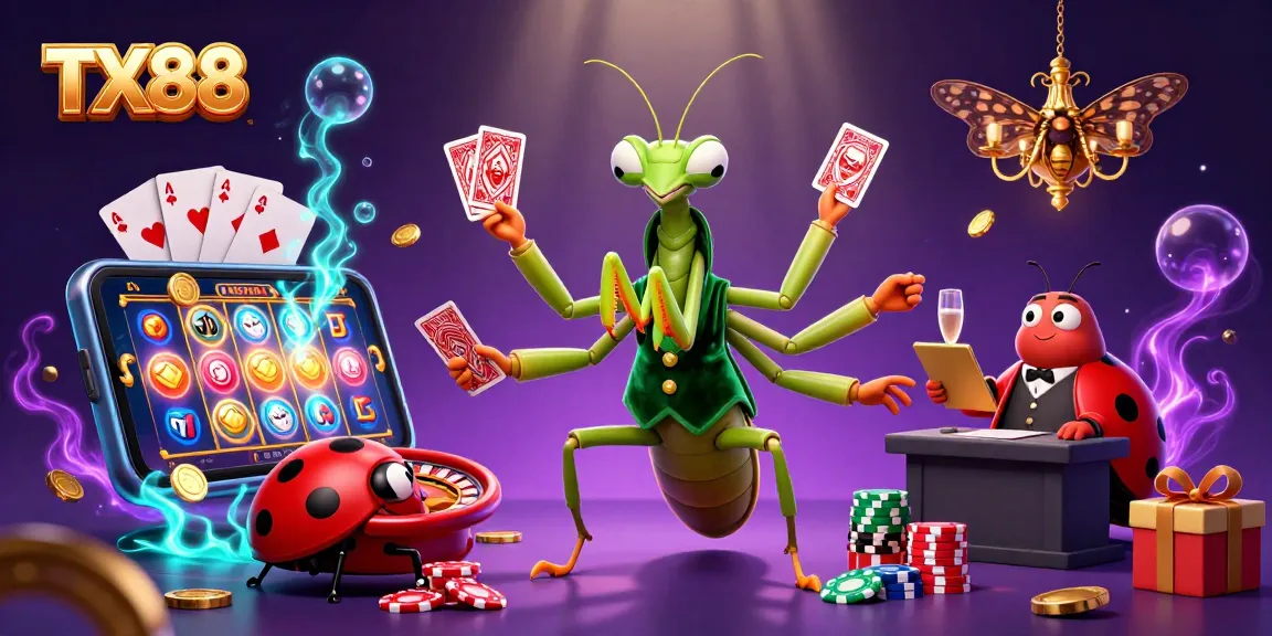 Experience TX88's thrilling casino scene with a giant mantis dealer, ladybug pit boss, and vibrant slot game.