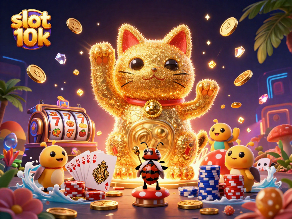 Experience excitement with slot 10k as golden fireflies create a lucky cat amidst casino symbols.