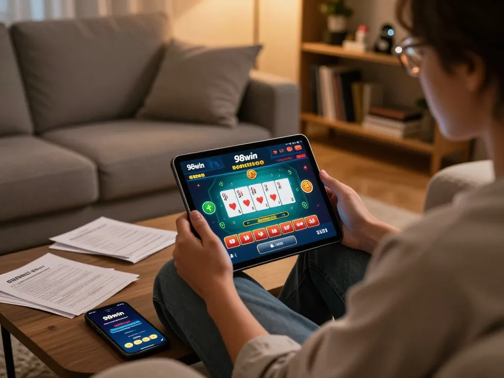 Using the app 98win for online casino gaming on a tablet in a cozy home environment.
