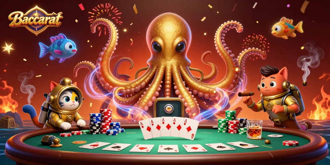 Baccarat players engaging in a thrilling game with a colossal kraken at a vivid underwater scene.