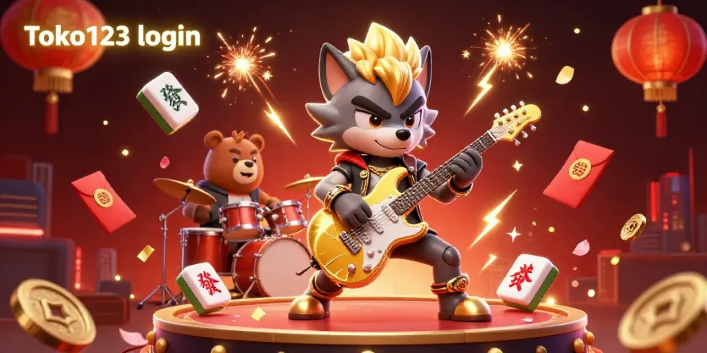 Toko123 login brings excitement and energy with a rock star wolf in a vibrant casino scene.