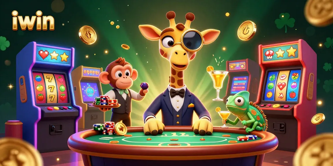 Experience the thrill of iwin gaming with a vibrant 3D scene featuring high-roller characters and casino excitement.
