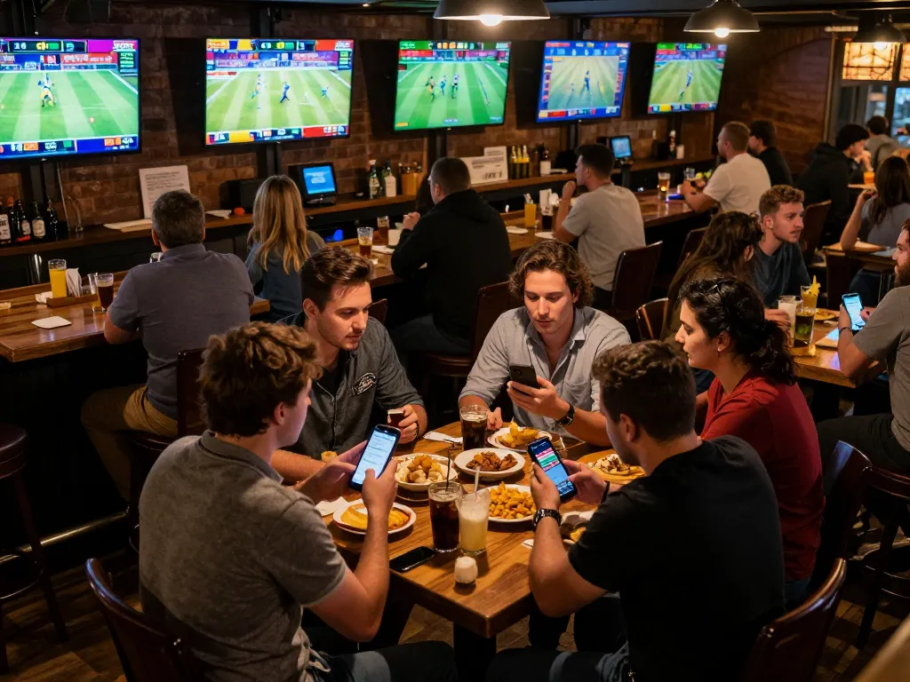 Patrons engaging in sports betting excitement at OK365, with multiple screens and warm ambiance.