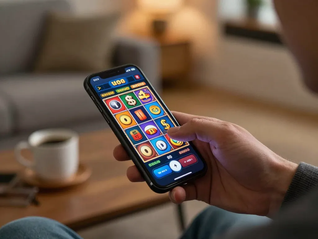 Pemain memutar permainan slot online di aplikasi mobile di pengaturan rumah yang nyaman