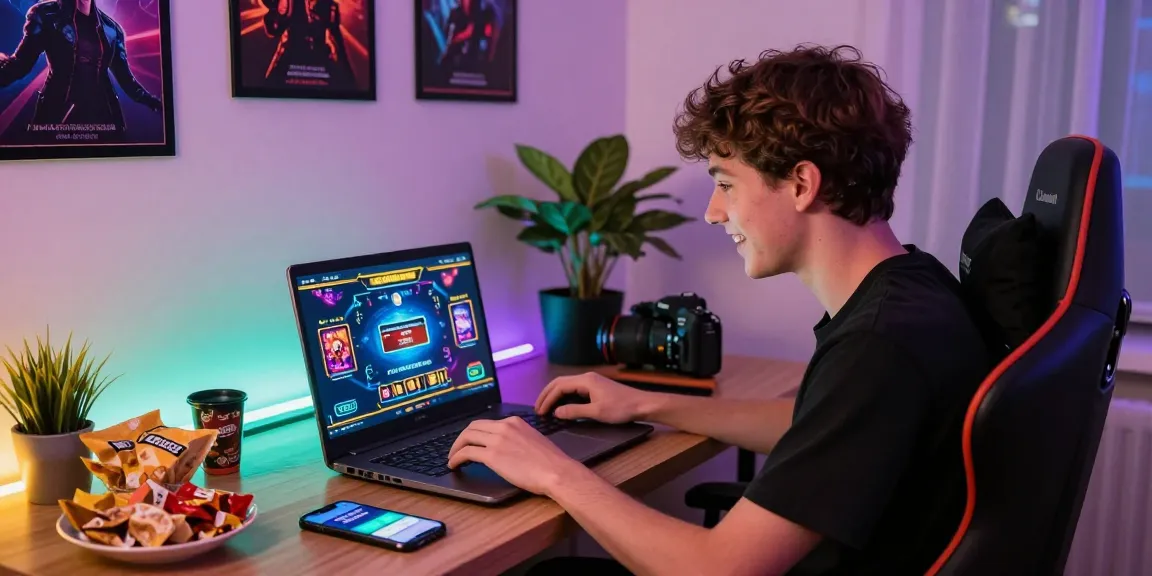 Engaged player enjoying credit card casinos on a laptop in a stylish gaming setup.