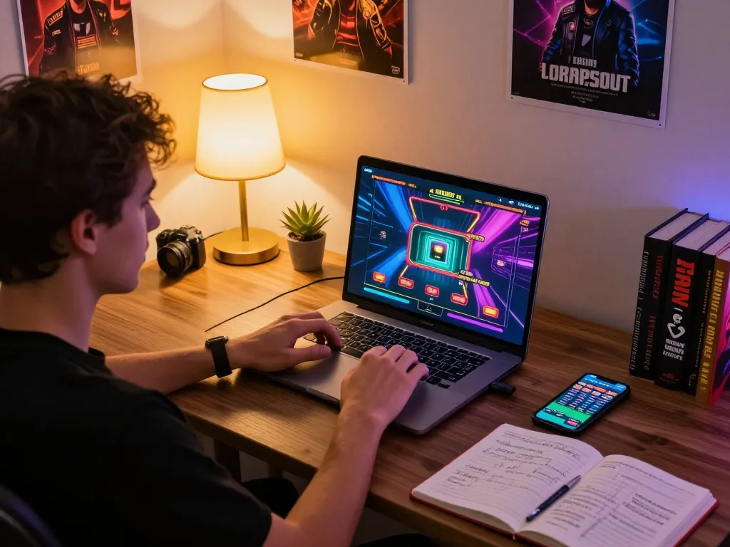 Person playing live dealer games on laptop while using VN789 betting app, surrounded by gaming notes and strategies.