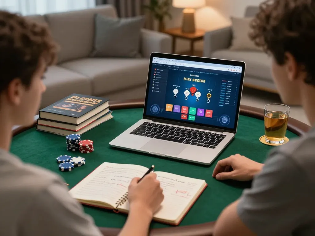 Player enjoying an intense online poker session on laptop with strategy notes, serious about tr88 betting.