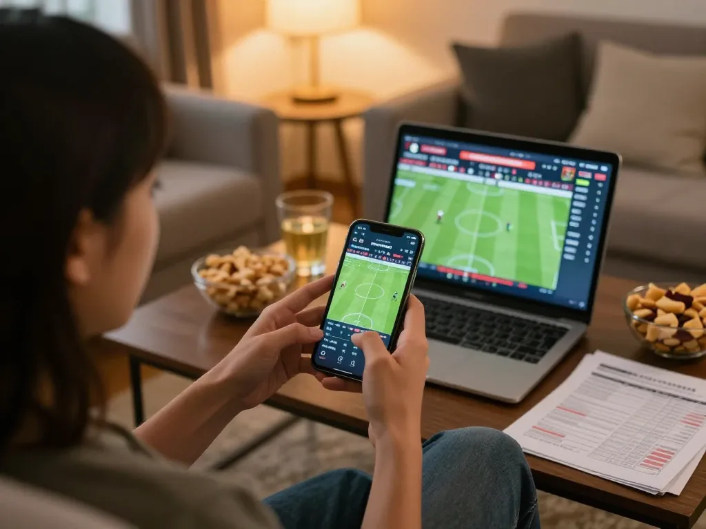 Betting on kèo nhà cái trực tiếp displayed on a smartphone in a cozy home setting