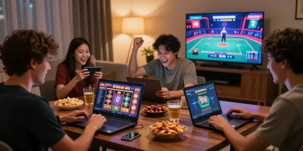 Players enjoying A80 online gaming with laptops and mobile devices.