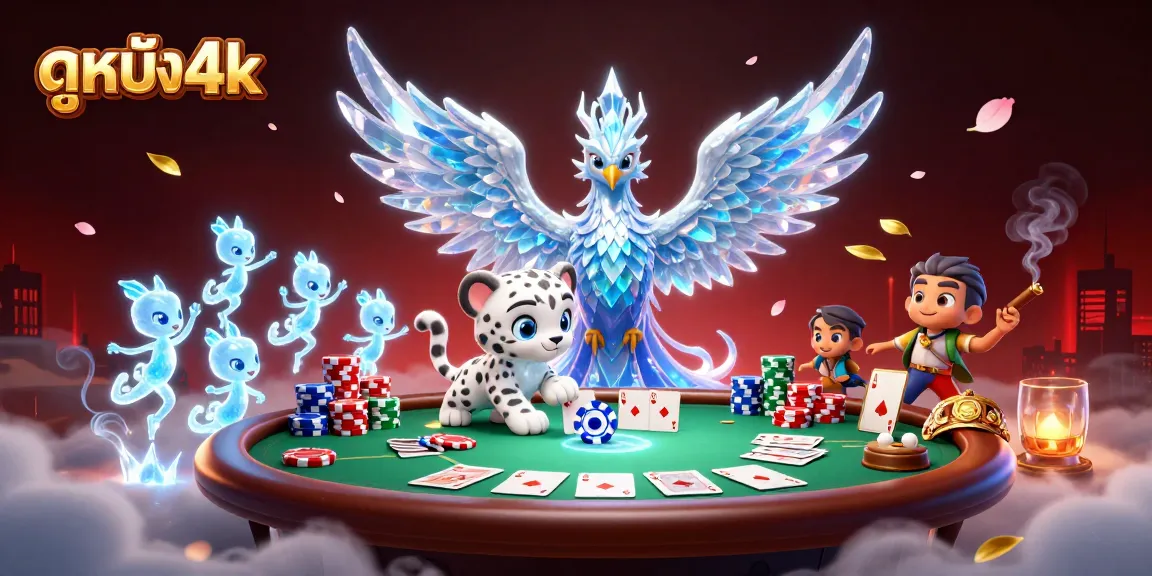 Engage in ดูหนัง4k at a vibrant poker scene with an ice phoenix and playful characters.
