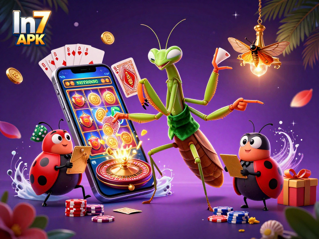 Experience the excitement of In7 APK with a vibrant casino scene featuring animated characters and gaming elements.