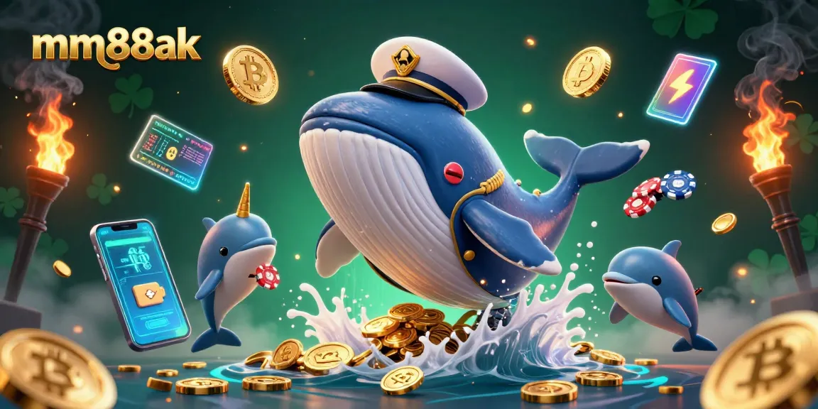 Play and win at mm88ak with dynamic 3D illustrations featuring a captain whale and playful dolphins.